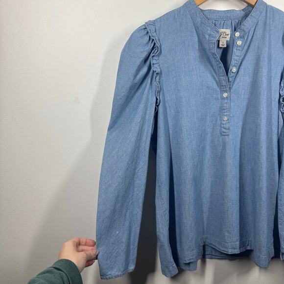 J. Crew Chambray Top Women S Blue Puff Sleeve Denim Blouse Prairie Cottage Core - Picture 4 of 9